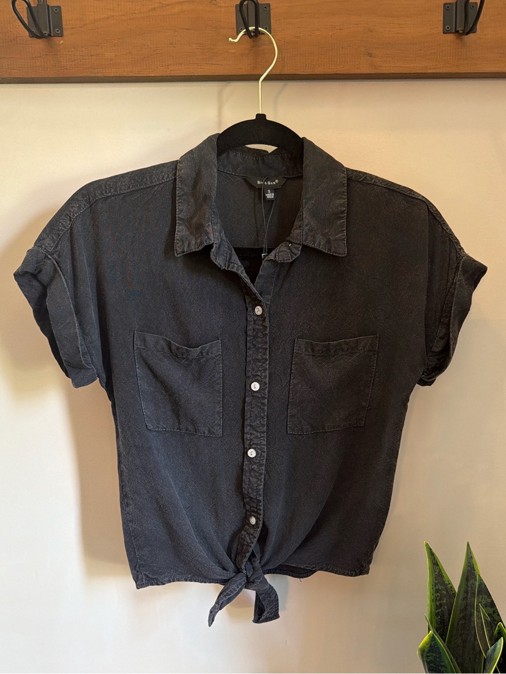 Washed Black Tie-Front Button-Down Shirt - Women
